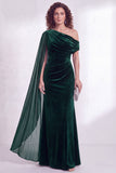 One Shoulder Dark Blue Sheath Maxi Velvet Dress