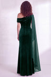 One Shoulder Dark Blue Sheath Maxi Velvet Dress