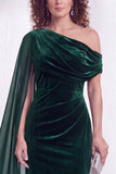 One Shoulder Dark Blue Sheath Maxi Velvet Dress