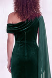 One Shoulder Dark Blue Sheath Maxi Velvet Dress
