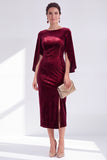 Burgundy Round Neck Sheath Midi Velvet Dress With Slit