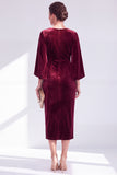 Burgundy Round Neck Sheath Midi Velvet Dress With Slit