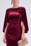 Burgundy Round Neck Sheath Midi Velvet Dress With Slit