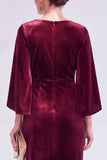 Burgundy Round Neck Sheath Midi Velvet Dress With Slit