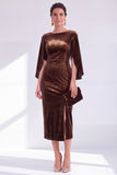 Burgundy Round Neck Sheath Midi Velvet Dress With Slit