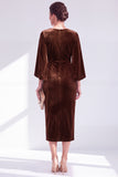 Burgundy Round Neck Sheath Midi Velvet Dress With Slit