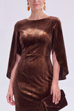 Burgundy Round Neck Sheath Midi Velvet Dress With Slit