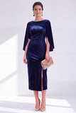 Burgundy Round Neck Sheath Midi Velvet Dress With Slit