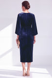 Burgundy Round Neck Sheath Midi Velvet Dress With Slit