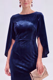 Burgundy Round Neck Sheath Midi Velvet Dress With Slit