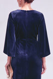 Burgundy Round Neck Sheath Midi Velvet Dress With Slit