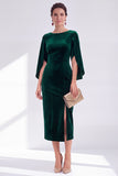 Burgundy Round Neck Sheath Midi Velvet Dress With Slit