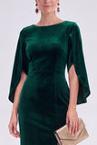 Burgundy Round Neck Sheath Midi Velvet Dress With Slit