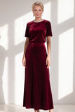 Burgundy A Line Round Neck Rhinestone Long Velvet Dress