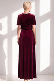 Burgundy A Line Round Neck Rhinestone Long Velvet Dress