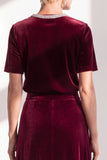 Burgundy A Line Round Neck Rhinestone Long Velvet Dress