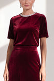 Burgundy A Line Round Neck Rhinestone Long Velvet Dress