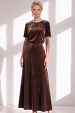 Burgundy A Line Round Neck Rhinestone Long Velvet Dress