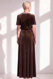 Burgundy A Line Round Neck Rhinestone Long Velvet Dress