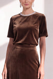 Burgundy A Line Round Neck Rhinestone Long Velvet Dress