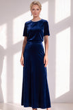 Burgundy A Line Round Neck Rhinestone Long Velvet Dress