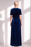 Burgundy A Line Round Neck Rhinestone Long Velvet Dress