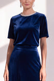 Burgundy A Line Round Neck Rhinestone Long Velvet Dress