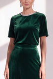 Burgundy A Line Round Neck Rhinestone Long Velvet Dress