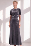 Burgundy A Line Round Neck Rhinestone Long Velvet Dress