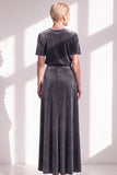 Burgundy A Line Round Neck Rhinestone Long Velvet Dress