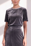Burgundy A Line Round Neck Rhinestone Long Velvet Dress