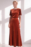 Burgundy A Line Round Neck Rhinestone Long Velvet Dress
