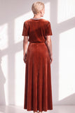 Burgundy A Line Round Neck Rhinestone Long Velvet Dress