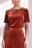 Burgundy A Line Round Neck Rhinestone Long Velvet Dress