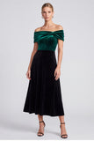 Off The Shoulder Dark Green and Black Ruched Midi Velvet Dress