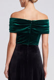 Off The Shoulder Dark Green and Black Ruched Midi Velvet Dress