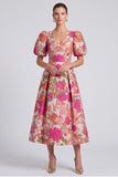 Pink Floral Brocade Puff Sleeve A-Line Midi Wedding Guest Dress