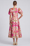 Pink Floral Brocade Puff Sleeve A-Line Midi Wedding Guest Dress