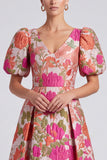 Pink Floral Brocade Puff Sleeve A-Line Midi Wedding Guest Dress