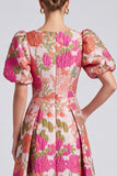 Pink Floral Brocade Puff Sleeve A-Line Midi Wedding Guest Dress