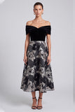 Off The Shoulder Black Floral A-Line Ruched Midi Wedding Guest Dress