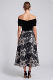 Off The Shoulder Black Floral A-Line Ruched Midi Wedding Guest Dress