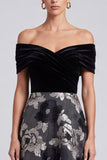 Off The Shoulder Black Floral A-Line Ruched Midi Wedding Guest Dress