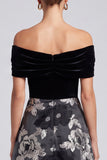 Off The Shoulder Black Floral A-Line Ruched Midi Wedding Guest Dress