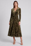 Olive Floral Velvet A-Line Midi Wedding Guest Dress with Long Sleeves