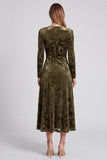 Olive Floral Velvet A-Line Midi Wedding Guest Dress with Long Sleeves