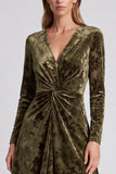 Olive Floral Velvet A-Line Midi Wedding Guest Dress with Long Sleeves