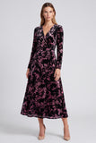 Pink Floral Velvet A-Line Midi Wedding Guest Dress with Long Sleeves
