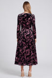 Pink Floral Velvet A-Line Midi Wedding Guest Dress with Long Sleeves