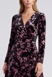 Pink Floral Velvet A-Line Midi Wedding Guest Dress with Long Sleeves